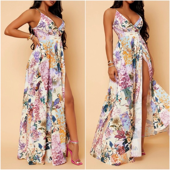 Boho Floral Print Criss Cross Back Maxi Wedding Party Dress - Picture 2 of 5